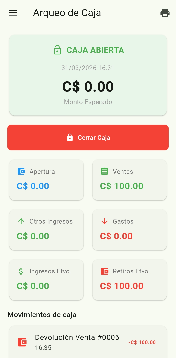 Screenshot del arqueo de caja