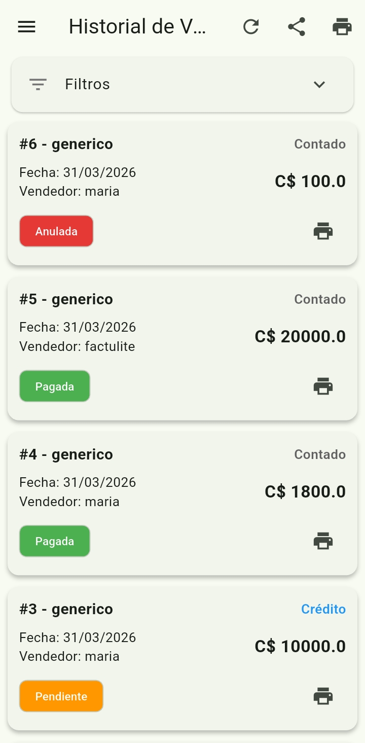 Screenshot del registro de ventas